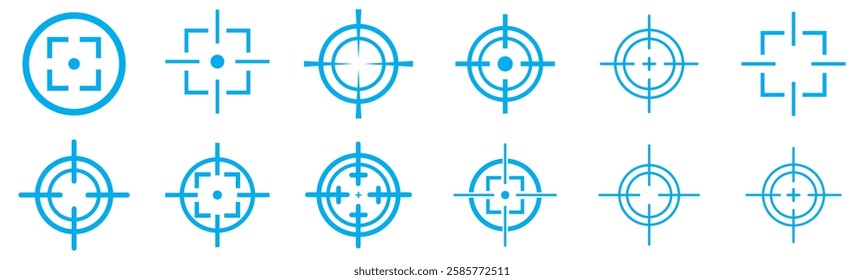 Target icons. Focus symbol in circle. Isolated gun shoot aim set. Bullseye vision collection. Round aiming focus. Blue gun target point icon vector set.
