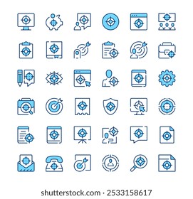 Target icons. Outline symbols. Vector blue line icons set