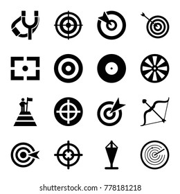 Target icons. set of 16 editable filled target icons such as dart, bow, man at the top of the mountain with flag, flag, center focus, radar
