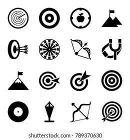 Target icons. set of 16 editable filled target icons such as bow, flag on mountain, flag, radar, sligshot