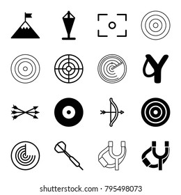 Target icons. set of 16 editable filled and outline target icons such as sligshot, target, flag on mountain, flag, arrow bow, radar, bow, dart