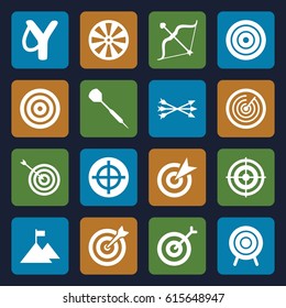 Target icons set. set of 16 target filled icons such as target, bow, dart, arrow bow, flag on mountain