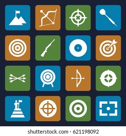 Target icons set. set of 16 target filled icons such as bow, dart, center focus, arrow bow, hundting gun, man at the top of the mountain with flag