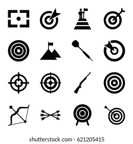 Target icons set. set of 16 target filled icons such as bow, dart, center focus, arrow bow, hundting gun, man at the top of the mountain with flag