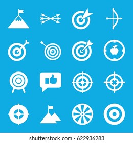 Target icons set. set of 16 target filled icons such as arrow bow, thumb up, flag on mountain, bow