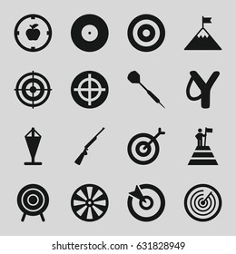 Target icons set. set of 16 target filled icons such as dart, hundting gun, man at the top of the mountain with flag, flag on mountain, flag