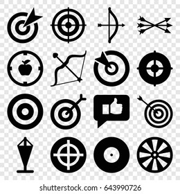 Target icons set. set of 16 target filled icons such as bow, arrow bow, thumb up, flag