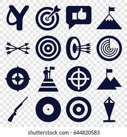 Target icons set. set of 16 target filled icons such as radar, arrow bow, hundting gun, thumb up, man at the top of the mountain with flag, flag on mountain, flag