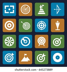 Target icons set. set of 16 target filled icons such as target, center focus, man at the top of the mountain with flag, flag on mountain, flag, bow