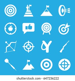 Target icons set. set of 16 target filled icons such as bow, dart, hundting gun, thumb up, man at the top of the mountain with flag, flag on mountain