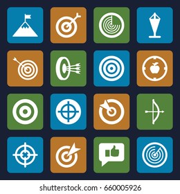 Target icons set. set of 16 target filled icons such as radar, thumb up, flag on mountain, flag