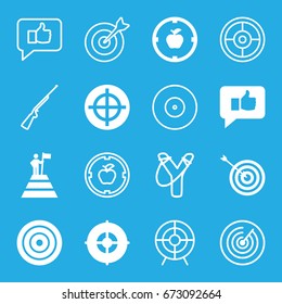 Target icons set. set of 16 target filled and outline icons such as thumb up, man at the top of the mountain with flag, hundting gun