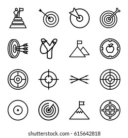 Target icons set. set of 16 target outline icons such as arrow bow, man at the top of the mountain with flag, flag on mountain