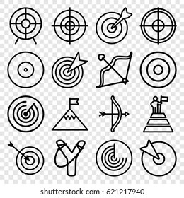 Target icons set. set of 16 target outline icons such as radar, target, bow, man at the top of the mountain with flag, flag on mountain