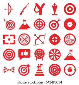Target icons set. set of 25 target filled icons such as radar, bow, center focus, arrow bow, hundting gun, thumb up, man at the top of the mountain with flag, flag on mountain