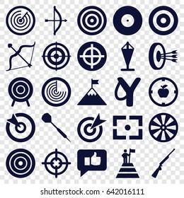 Target icons set. set of 25 target filled icons such as radar, bow, dart, center focus, hundting gun, thumb up, man at the top of the mountain with flag, flag on mountain