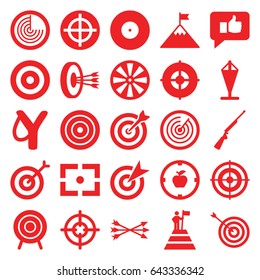 Target icons set. set of 25 target filled icons such as radar, center focus, arrow bow, hundting gun, thumb up, man at the top of the mountain with flag, flag on mountain
