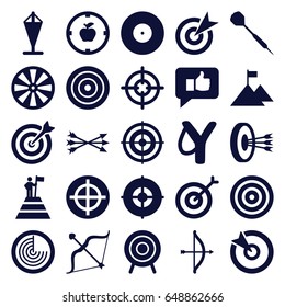 Target icons set. set of 25 target filled icons such as radar, bow, dart, arrow bow, thumb up, man at the top of the mountain with flag, flag on mountain, flag
