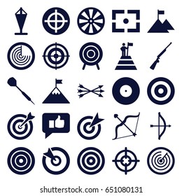 Target icons set. set of 25 target filled icons such as radar, bow, dart, center focus, arrow bow, hundting gun, thumb up, man at the top of the mountain with flag