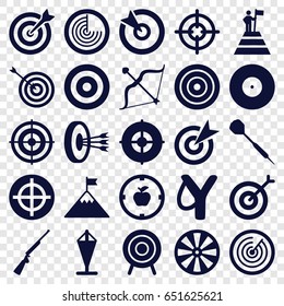 Target icons set. set of 25 target filled icons such as radar, bow, dart, hundting gun, man at the top of the mountain with flag, flag on mountain, flag