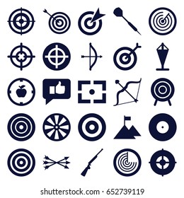 Target icons set. set of 25 target filled icons such as radar, bow, dart, center focus, arrow bow, hundting gun, thumb up, flag on mountain