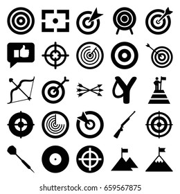 Target icons set. set of 25 target filled icons such as radar, bow, dart, center focus, arrow bow, hundting gun, thumb up, man at the top of the mountain with flag