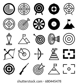 Target icons set. set of 25 target filled and outline icons such as radar, bow, center focus, hundting gun, flag on mountain, dart, man at the top of the mountain with flag