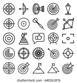 Target icons set. set of 25 target outline icons such as radar, bow, center focus, dart, man at the top of the mountain with flag, flag on mountain, flag