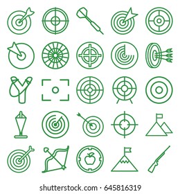 Target icons set. set of 25 target outline icons such as radar, bow, center focus, hundting gun, dart, flag on mountain, flag
