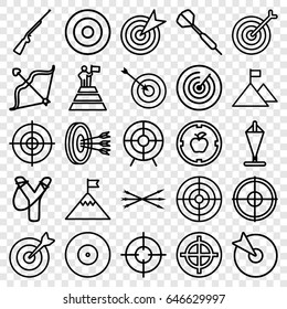 Target icons set. set of 25 target outline icons such as bow, arrow bow, hundting gun, dart, man at the top of the mountain with flag, flag on mountain, flag
