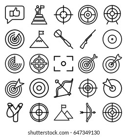 Target icons set. set of 25 target outline icons such as radar, bow, center focus, hundting gun, dart, man at the top of the mountain with flag, flag on mountain, sligshot