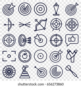 Target icons set. set of 25 target outline icons such as radar, bow, center focus, arrow bow, dart, man at the top of the mountain with flag, flag, sligshot