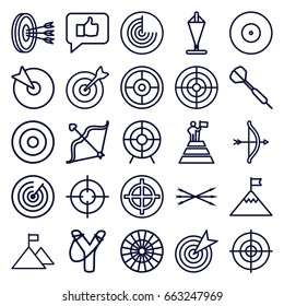 Target icons set. set of 25 target outline icons such as radar, bow, arrow bow, dart, man at the top of the mountain with flag, flag on mountain, flag, sligshot