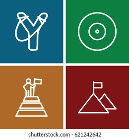 Target icons set. set of 4 target outline icons such as man at the top of the mountain with flag, flag on mountain, target