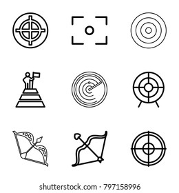 Target icons. set of 9 editable outline target icons such as target, bow, man at the top of the mountain with flag, center focus