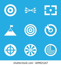 Target icons set. set of 9 target filled icons such as radar, center focus, arrow bow, target, flag on mountain