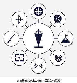 Target icons set. set of 9 target filled icons such as target, center focus, arrow bow, hundting gun, flag on mountain, flag