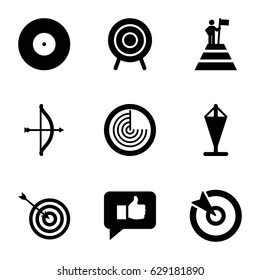 Target icons set. set of 9 target filled icons such as radar, target, thumb up, man at the top of the mountain with flag, flag