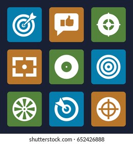 Target icons set. set of 9 target filled icons such as target, center focus, thumb up