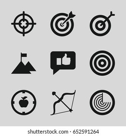 Target icons set. set of 9 target filled icons such as radar, bow, thumb up