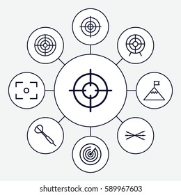 target icons set. Set of 9 target outline icons such as center focus, arrow bow, dart