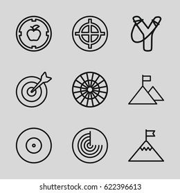 Target icons set. set of 9 target outline icons such as radar, flag on mountain, sligshot