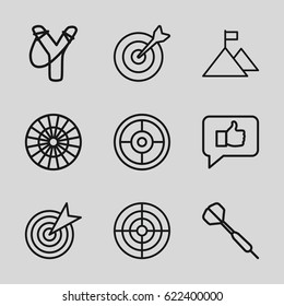 Target icons set. set of 9 target outline icons such as target, dart, flag on mountain, sligshot