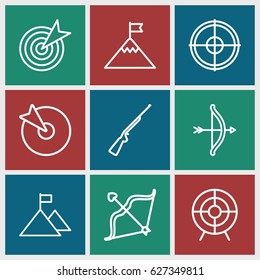Target icons set. set of 9 target outline icons such as bow, target, hundting gun