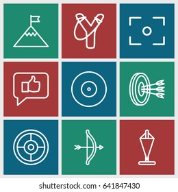 Target icons set. set of 9 target outline icons such as center focus, flag on mountain, flag, bow, sligshot