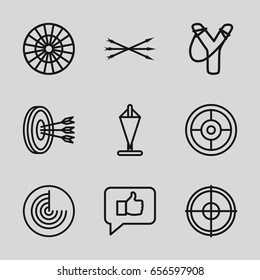 Target icons set. set of 9 target outline icons such as radar, arrow bow, flag, sligshot, dart