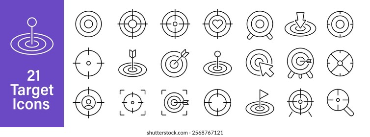 Target icons set. Aim, bullseye, goal target symbols collection. Vector outline icons