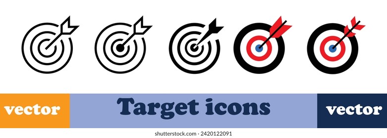 Target icons set. Goal symbol collection. Simple target with arrow. Darts icon. Hitting the bullseye icon line and flat style