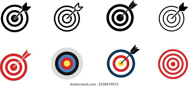 Target icons set: Goal symbols with arrows, featuring simple target designs, darts icons, and bullseye hits in line and flat styles.