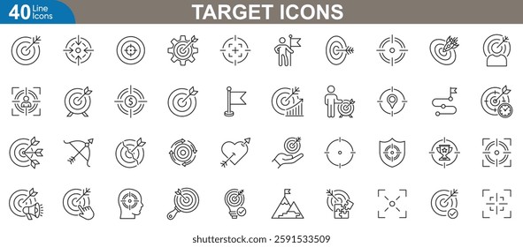 Target icons set. Vector illustrations representing precision, accuracy, goal achievement, business success, marketing strategy, performance tracking, focus, planning and more.